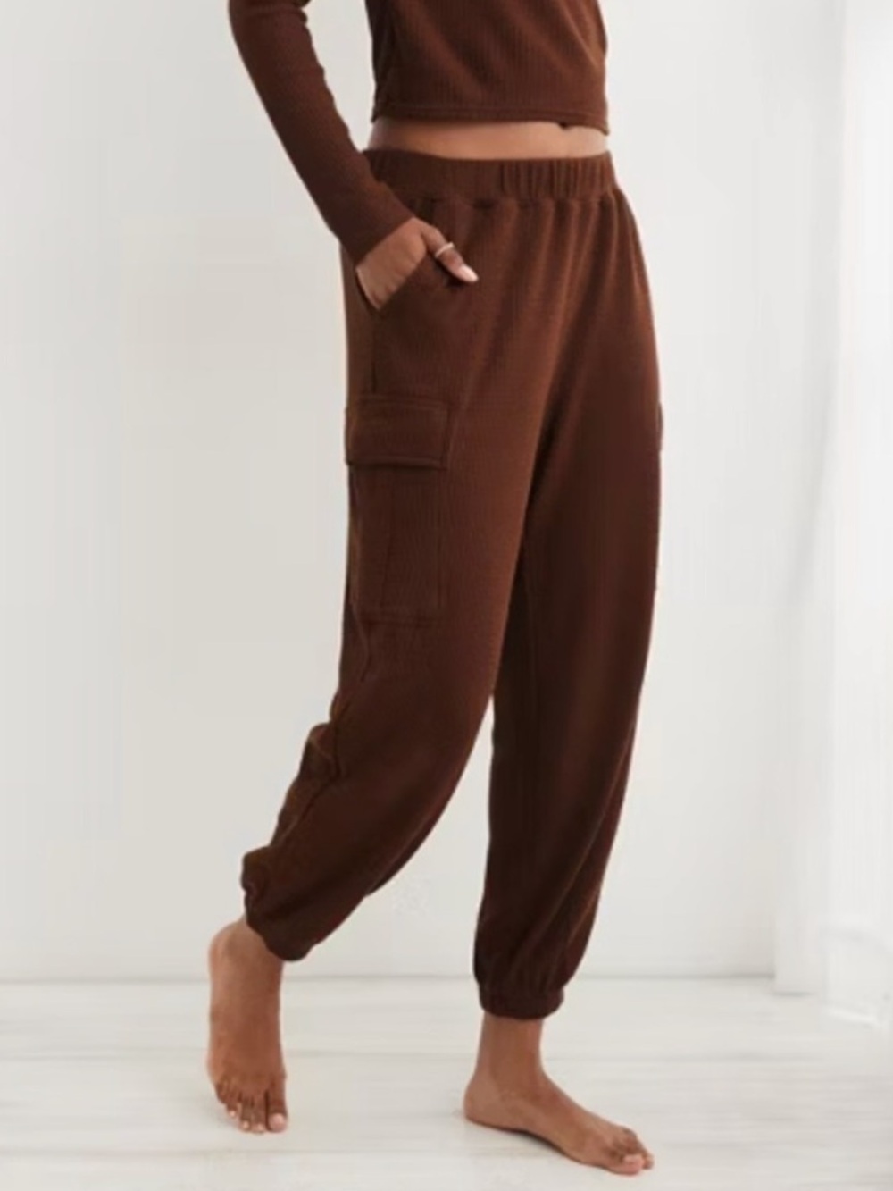 Aerie Waffle Joggers Cargo Pockets Brown Size Medium Loungewear
